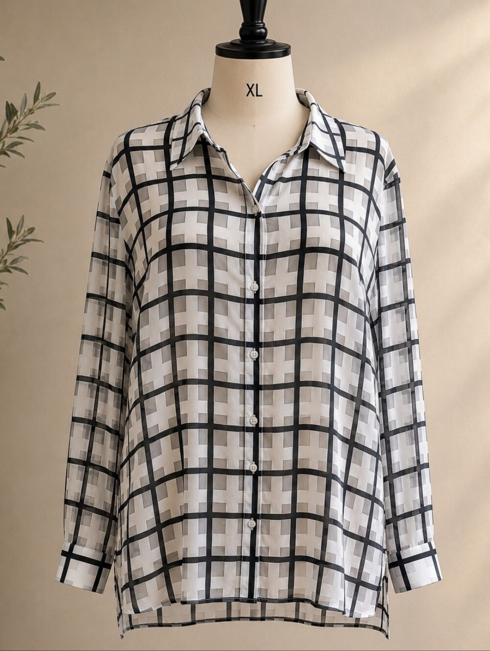 Samuel Dong Sheer Windowpane Button-Up Tunic Blouse – Size XL